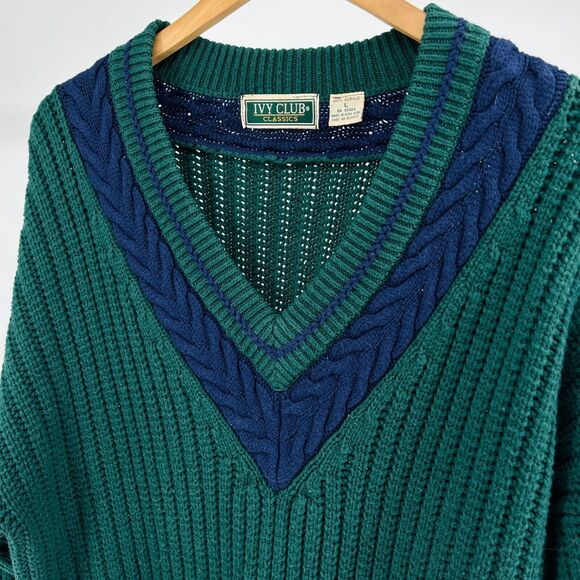 Vintage 90s Ivy Club Green Navy Cable Knit V-Neck Sweater - Picture 2 of 6